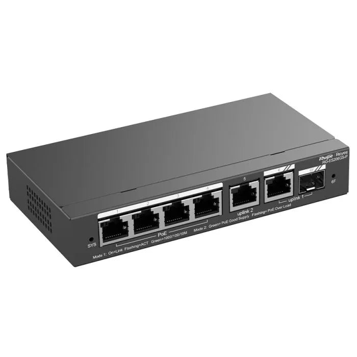 Reyee 6 Port Gigabit with 4 PoE 54W 1SFP Combo Port Smart Managed Switch.